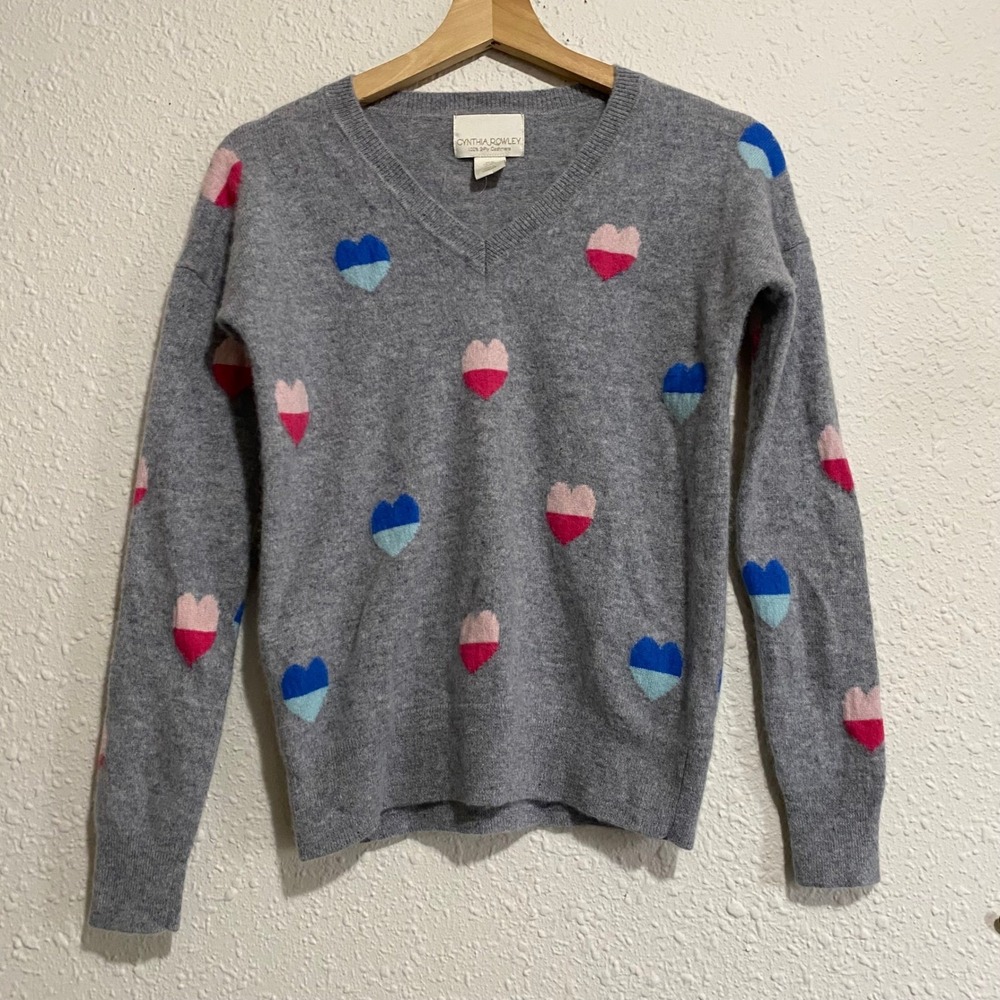 Cynthia Rowley Womens Gray 100% Cashmere Heart Intarsia V-Neck Sweater Medium